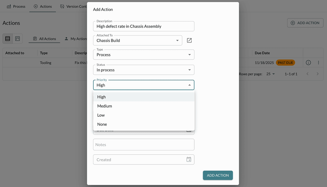Add action – description, attached to, type, status, priority