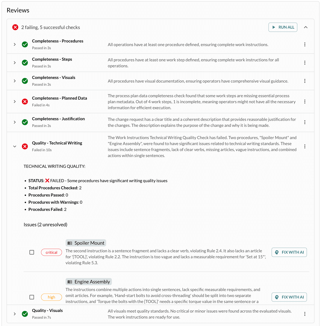 Reviews – completeness and quality checks, fix with AI
