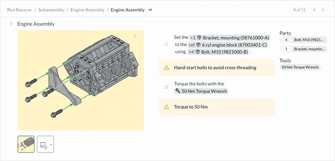 Create work instructions with visual steps, parts, tools, and warnings