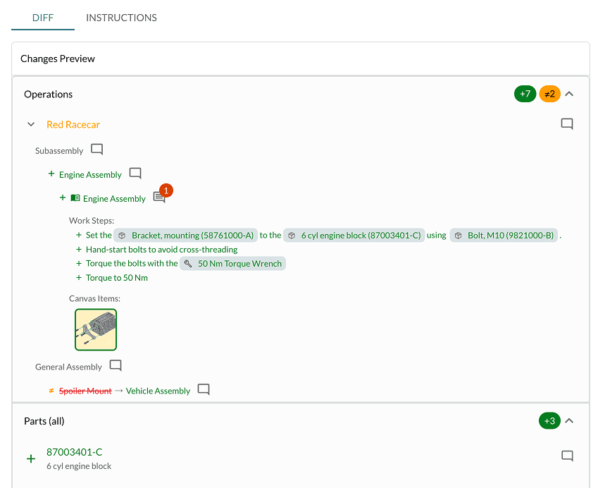 Changes preview – operations and parts diff
