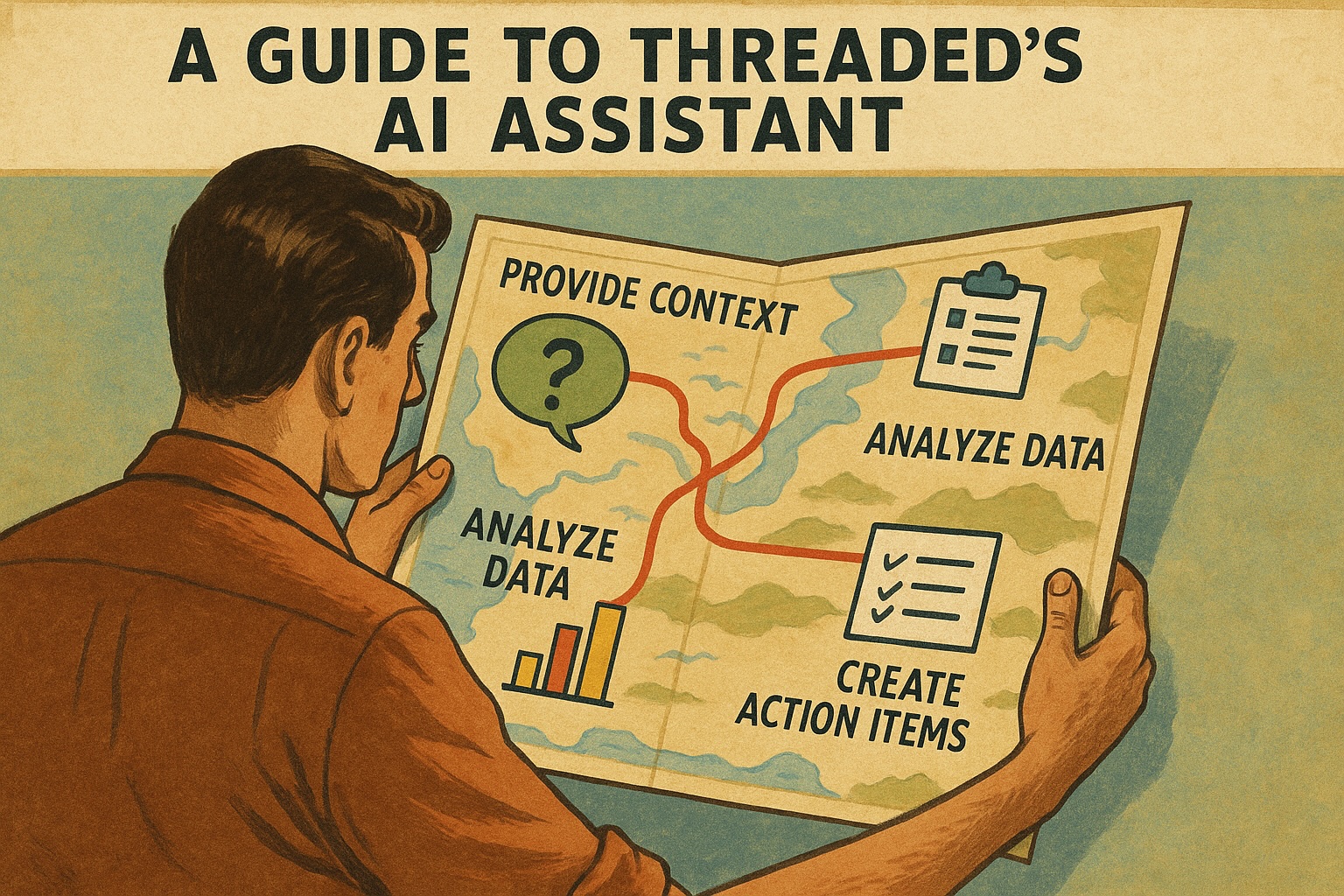 Vintage-style illustration of a man holding a map with a red path connecting four stages: Provide Context, Analyze Data, and Create Action Items