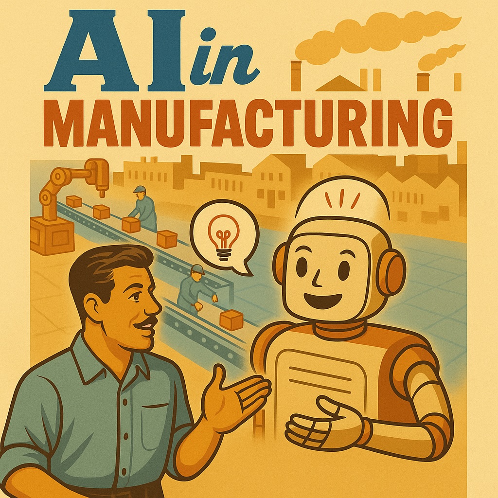 Vintage-style illustration of AI and human collaboration in manufacturing