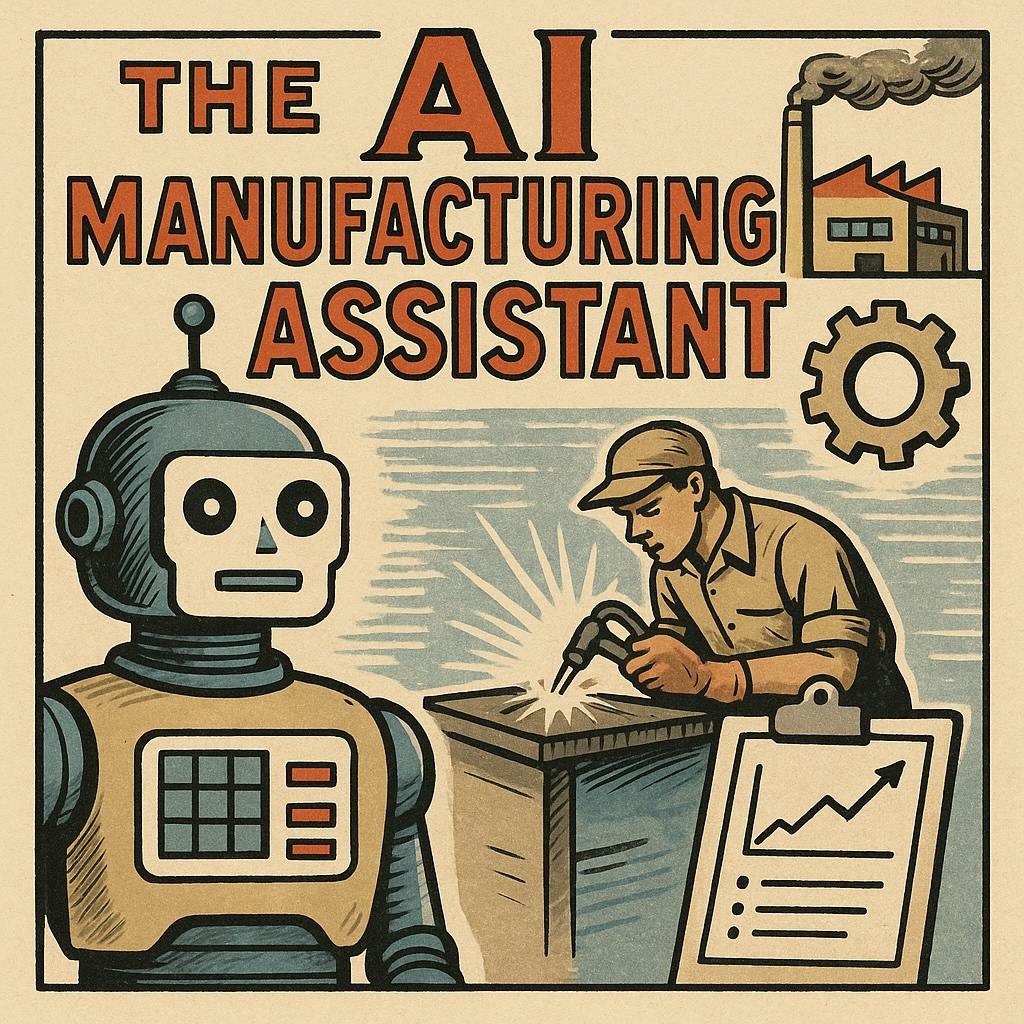 Vintage-style illustration of AI and human collaboration in manufacturing, featuring a robot and worker with factory elements