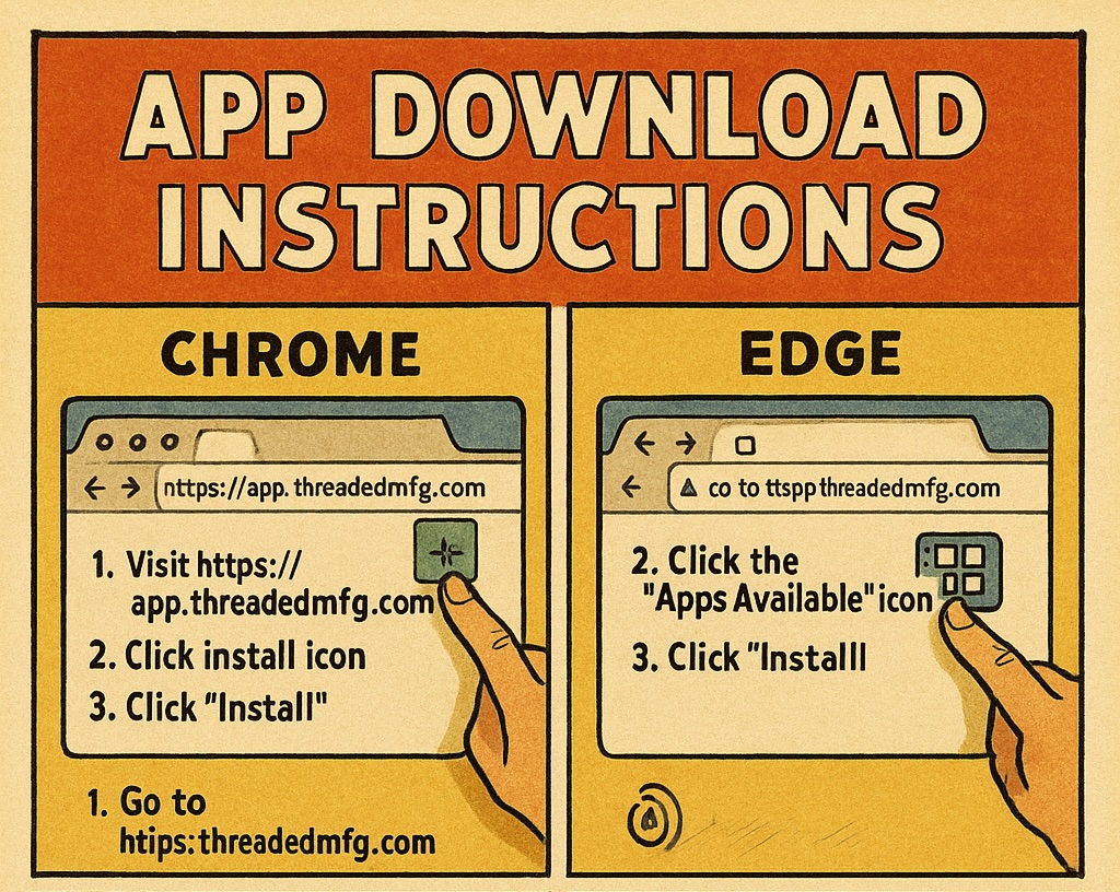 Vintage-style instructional graphic titled 'APP DOWNLOAD INSTRUCTIONS' showing Chrome and Edge browser download steps