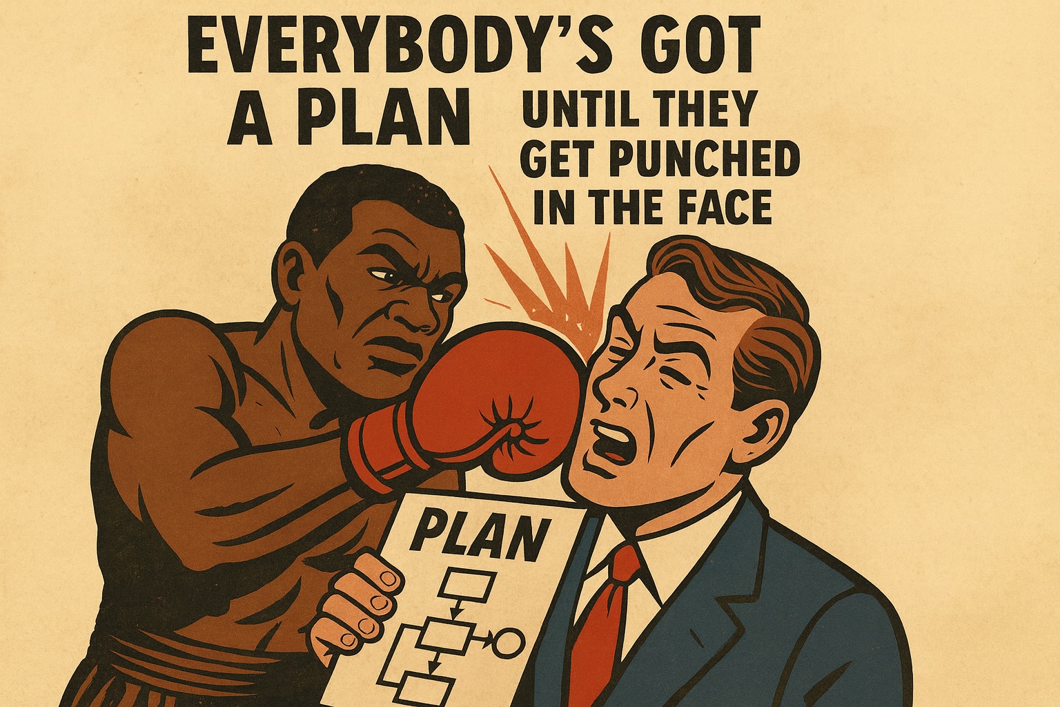 Vintage-style illustration of a boxer punching a man in a suit holding a 'PLAN' document, with text 'EVERYBODY'S GOT A PLAN UNTIL THEY GET PUNCHED IN THE FACE'