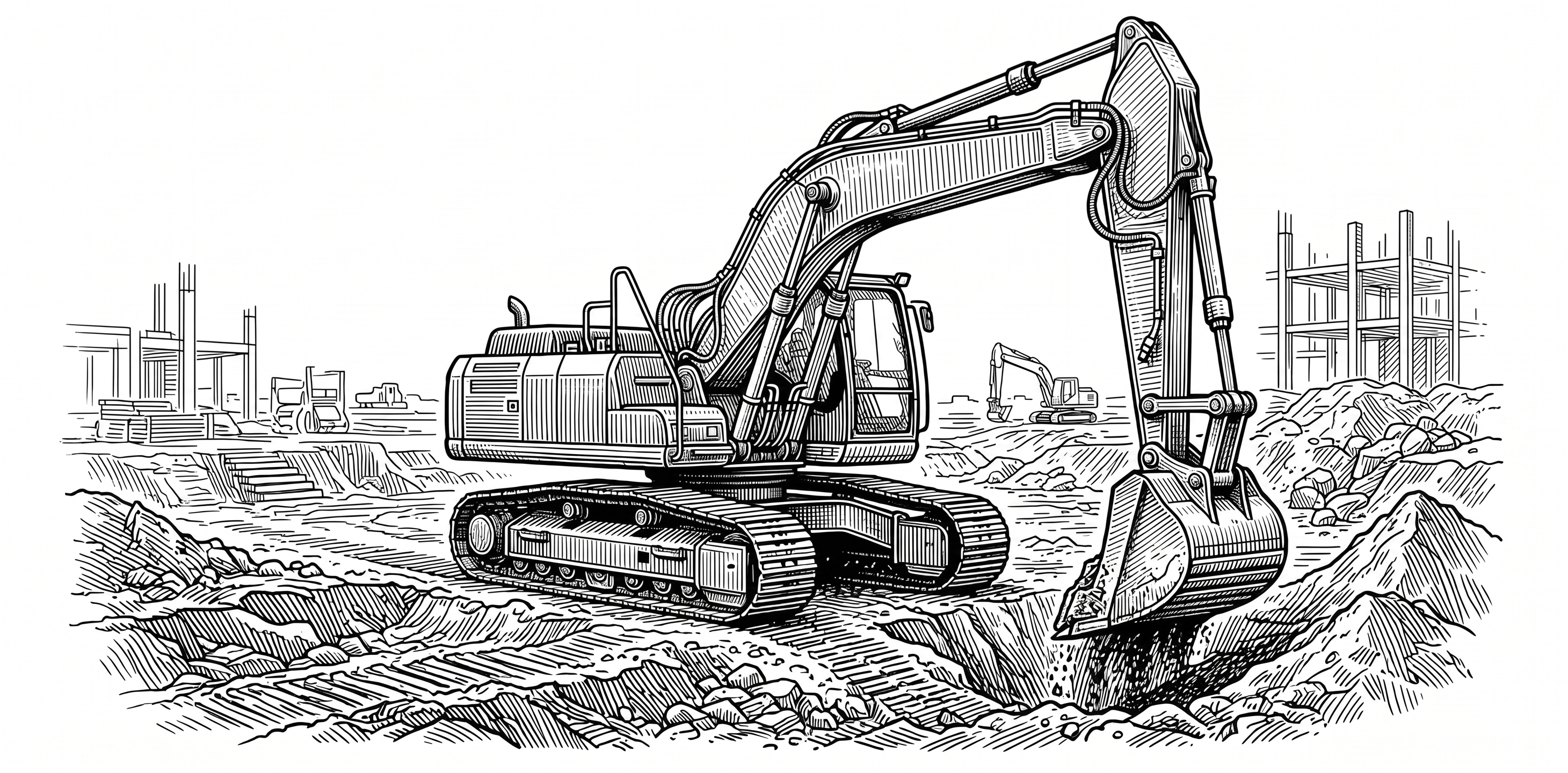 Black-and-white woodcut-style drawing of an excavator digging at a construction site, with circuit-board traces woven into the ground and building frames
