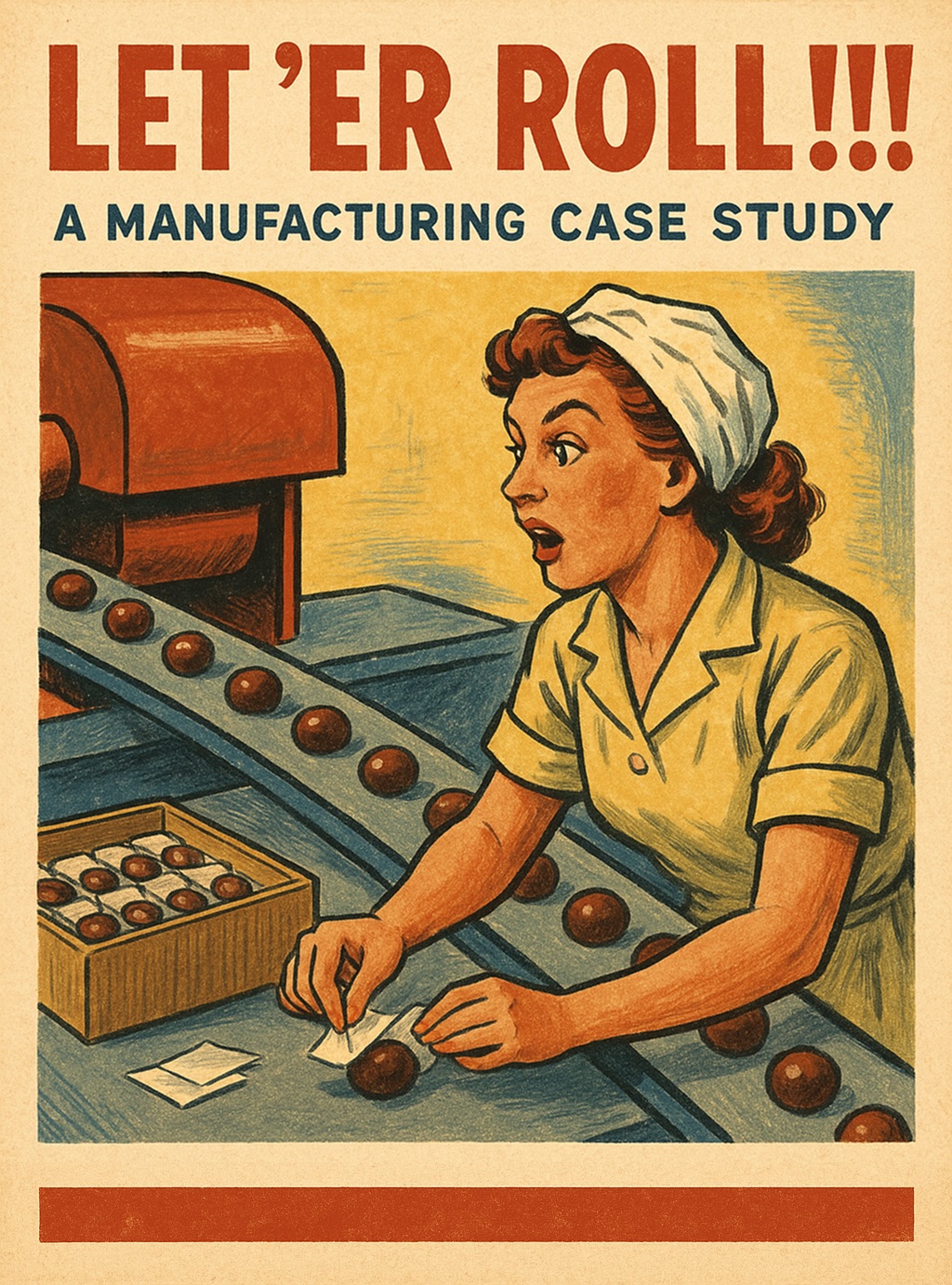 Vintage illustration of a woman working on a chocolate assembly line with the title 'LET 'ER ROLL!!! A MANUFACTURING CASE STUDY'