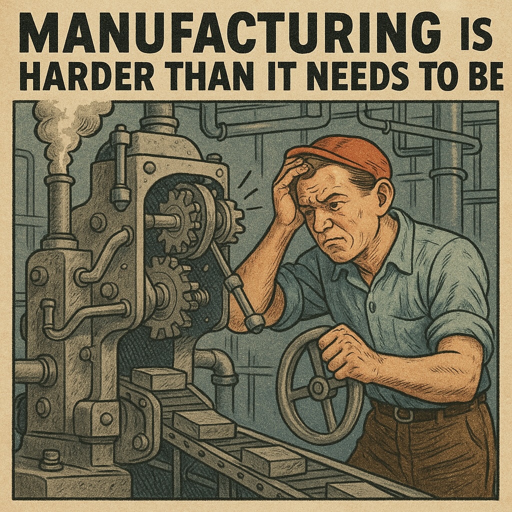 Vintage-style illustration of a frustrated factory worker with a malfunctioning machine, titled 'MANUFACTURING IS HARDER THAN IT NEEDS TO BE'