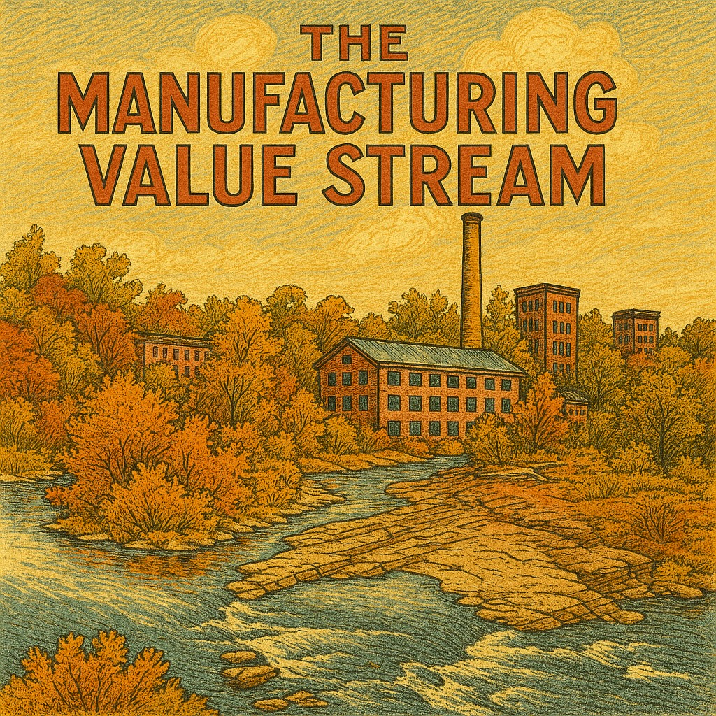Vintage-style illustration titled 'THE MANUFACTURING VALUE STREAM' showing an industrial landscape with a river flowing through factories and autumn foliage
