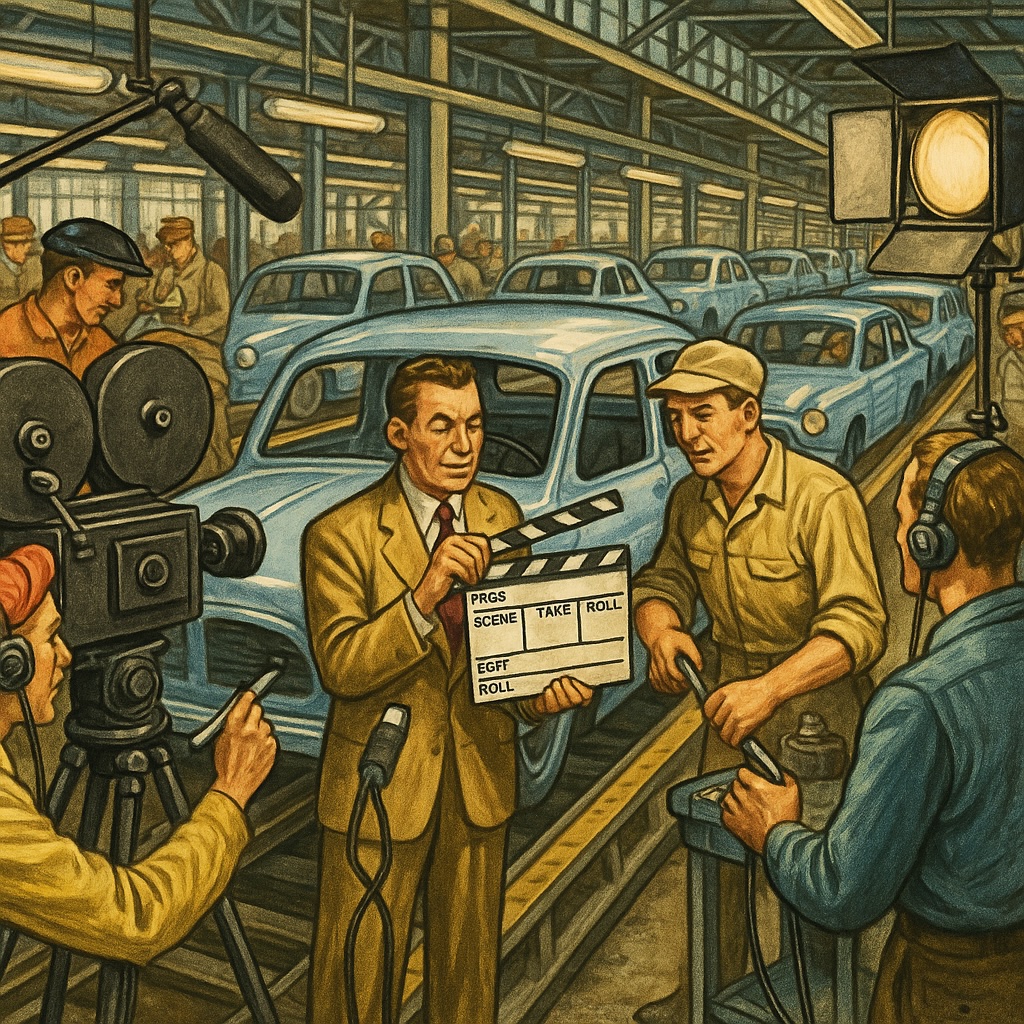Vintage-style illustration of a movie set in a car manufacturing plant, with a director holding a clapperboard and film crew shooting on an assembly line with light blue cars