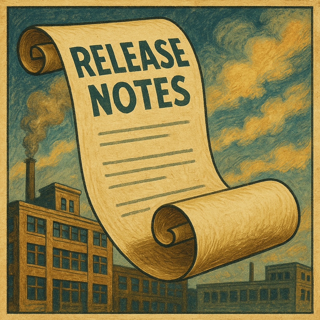 Vintage-style illustration of a scroll with 'RELEASE NOTES' title against an industrial factory background