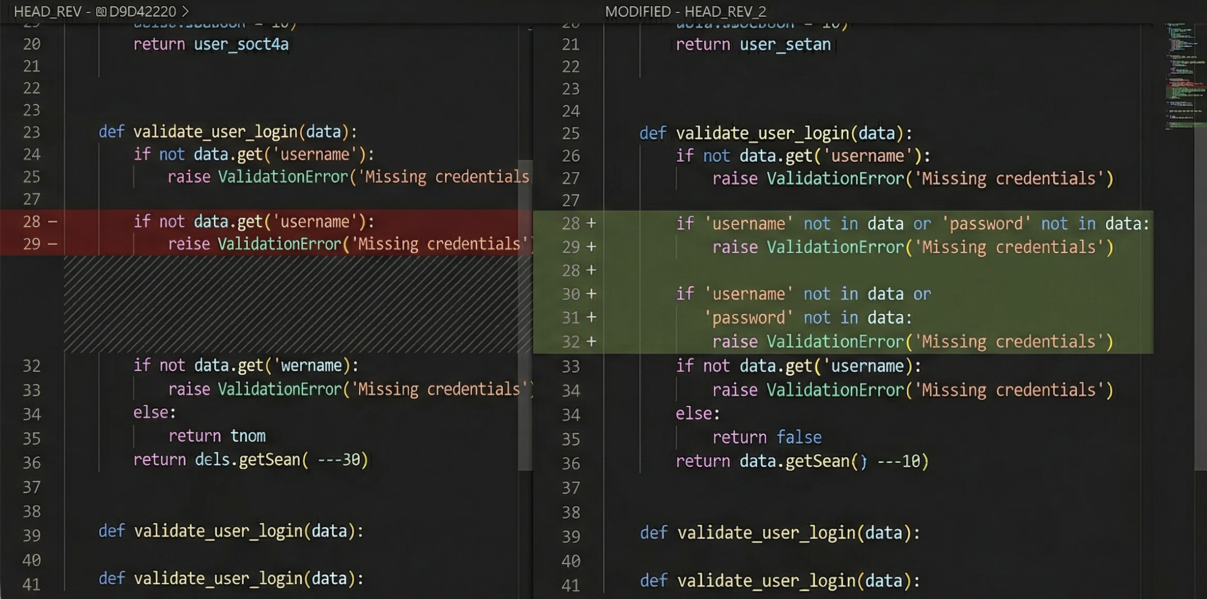 Side-by-side code diff in a dark editor showing removed lines in red and added lines in green