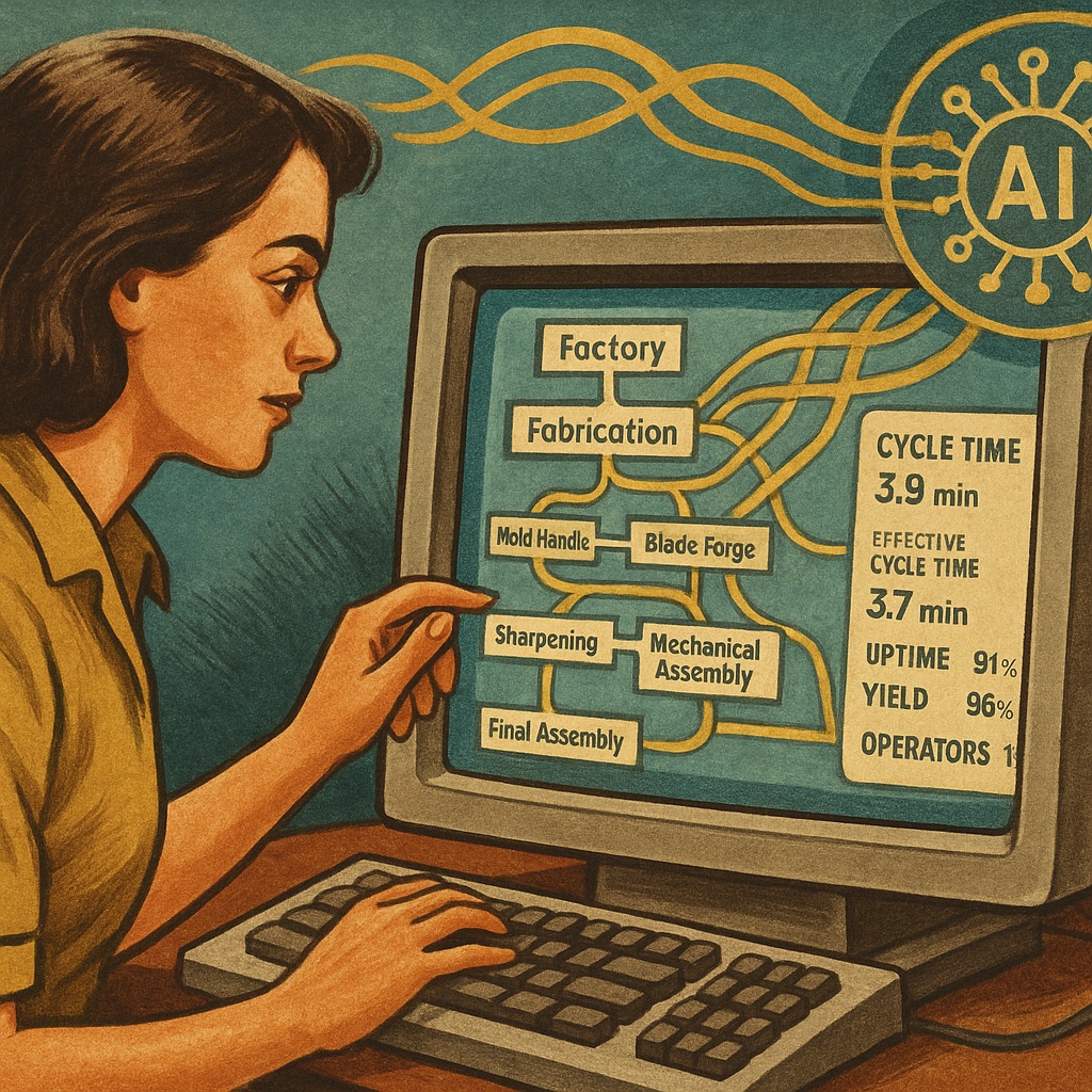 Vintage-style illustration of a man interacting with a computer monitor showing a factory flowchart with performance metrics and AI brain icon