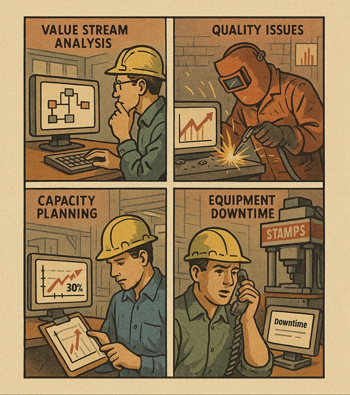 Vintage-style four-panel illustration showing manufacturing use cases: Value Stream Analysis, Quality Issues, Capacity Planning, and Equipment Downtime