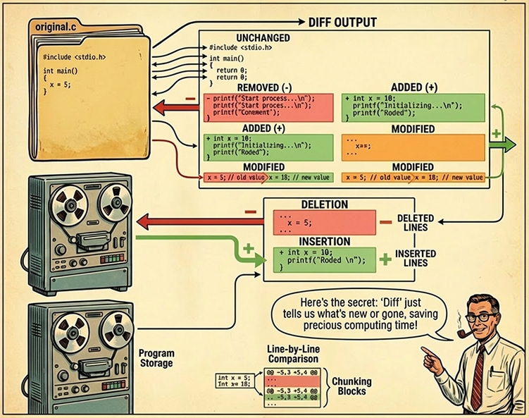Retro-style infographic titled DIFF OUTPUT explaining unchanged, removed, added, and modified lines in a code diff